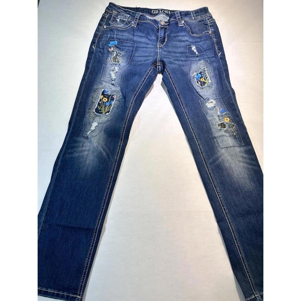 Grace In LA Jeans Womens 31 Blue Wash Skinny Ankle Fit Distressed Patches Denim